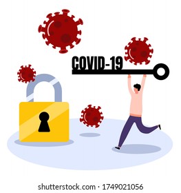 Unlock corona virus covid-19 vector man try to unlock with covid-19 key  reopen back to work. 