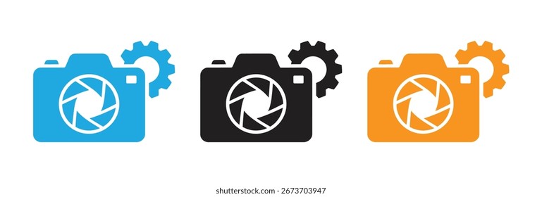Libere el potencial creativo con estos vibrantes íconos de cámara con engranajes integrados, que representan Configuraciones de precisión y procesos fotográficos innovadores. Perfecto para la tecnología y las industrias creativas.
