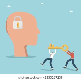 Unlock creative thinking in yourself, find secret key to generate brilliant ideas, teamwork and brainstorming to create innovations and business development strategies, men carry key to head with lock