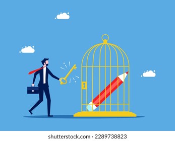 Unlock creativity. Businessman unlocks a pencil in a cage. business concept