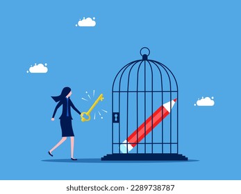 Unlock creativity. Businesswoman unlocks a pencil in a cage. business concept