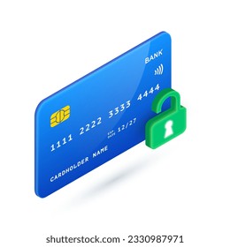 Unlock Credit Card, Payment protection 3D icon. Vector Isometric plastic card with green unlocked padlock. Safe purchase, financial opportunity payment symbol. Banking transaction security concept.