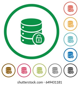 Unlock database flat color icons in round outlines on white background