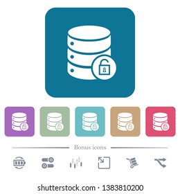 Unlock database white flat icons on color rounded square backgrounds. 6 bonus icons included