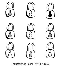 unlock doodle vector icon. Drawing sketch illustration hand drawn line.