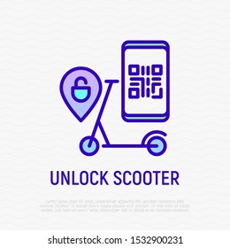 Unlock electric scooter by QR code. Thin line icon of transport sharing service. Pointer with unlocked sign. Modern vector illustration.