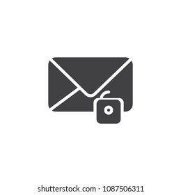 Unlock email vector icon. filled flat sign for mobile concept and web design. Envelope with unlocked padlock simple solid icon. Symbol, logo illustration. Pixel perfect vector graphics