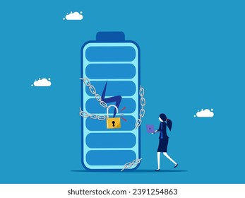 Unlock energy. Businesswoman uses laptop to log into account to unlock power 