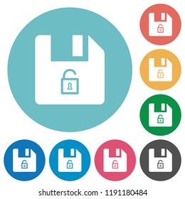 Unlock file flat white icons on round color backgrounds