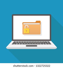 Unlock file, laptop, file, padlock, flat design vector illustration