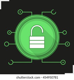 Unlock flat design long shadow digital icon. Access granted. Open padlock in microchip pathways. Cyber security. Vector silhouette symbol