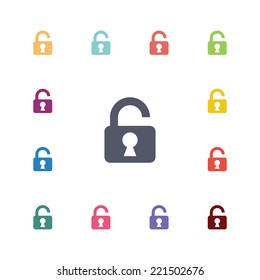 unlock flat icons set. Open round colorful buttons. Vector 