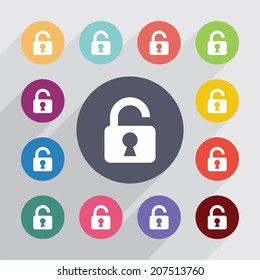 unlock, flat icons set. Round colorful buttons. Vector