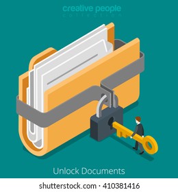 Unlock Folder Secure Data File Document With Lock Key Icon. 3d Isometric Style Vector Illustration.