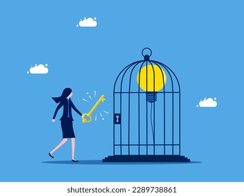 Unlock the freedom to learn new things. Businesswoman winds up a light bulb balloon in a cage