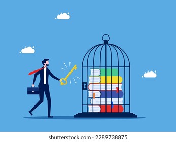 Unlock the freedom to learn new things. Businessman unlocks the book in the cage. concept of business