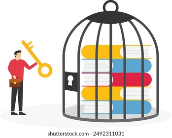 Unlock the freedom to learn new things. man unlocks the book in the cage. concept of business

