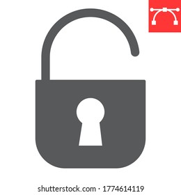 Unlock glyph icon, ui and button, padlock sign vector graphics, editable stroke solid icon, eps 10