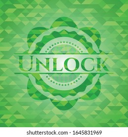 Unlock green emblem with mosaic background. Vector Illustration. Detailed.