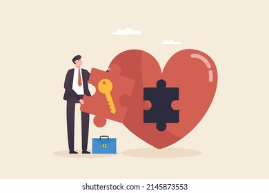 Unlock the heart of your business. love your job. Look for new opportunities. businessman holding a key to unlock the heart.