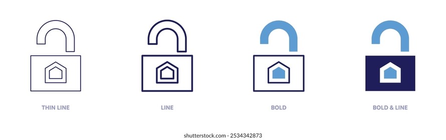 Icono de desbloqueo en 4 estilos diferentes. Línea delgada, línea, negrita y línea negrita. Estilo duotono. Trazo editable.