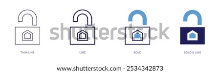 Unlock icon in 4 different styles. Thin Line, Line, Bold, and Bold Line. Duotone style. Editable stroke.