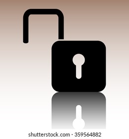 Unlock icon. Black vector illustration with reflection.