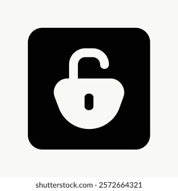 Unlock icon in black and white. Open padlock symbol, representing security and access. Unlock access with this open padlock icon. Simple icon vector element.