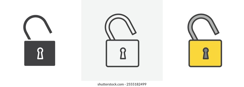 Unlock icon collection in black and colored style.