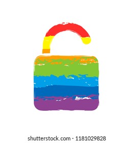 unlock icon. Drawing sign with LGBT style, seven colors of rainbow (red, orange, yellow, green, blue, indigo, violet