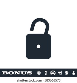 Unlock icon flat. Black pictogram on white background. Vector illustration symbol and bonus button
