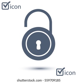 Unlock icon. Flat design style. Validation of the user completed.