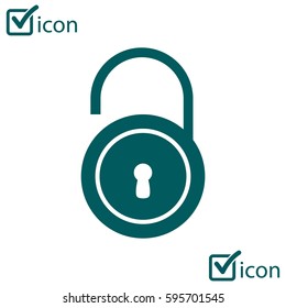 Unlock icon. Flat design style. Validation of the user completed.