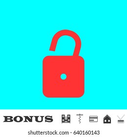 Unlock icon flat. Red pictogram on blue background. Vector illustration symbol and bonus buttons Music center, corkscrew, credit card, house, drum