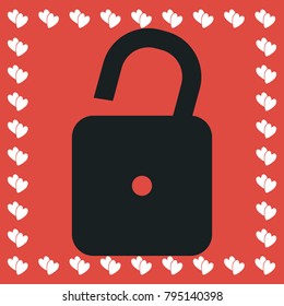 Unlock icon flat. Simple black pictogram on red background with white hearts for valentines day. Vector illustration symbol