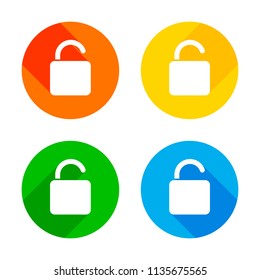 unlock icon. Flat white icon on colored circles background. Four different long shadows in each corners