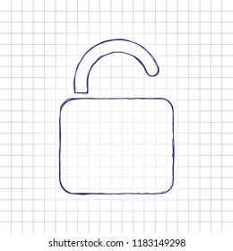 unlock icon. Hand drawn picture on paper sheet. Blue ink, outline sketch style. Doodle on checkered background