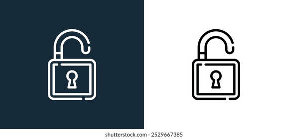 desbloquear ícone isolado em cores brancas e pretas. desbloquear ícone vetorial linear do contorno da coleção de bloqueios e chaves para aplicativos móveis, web e interface do usuário.