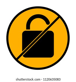 unlock icon. not allowed, black object in warning sign with orange background color