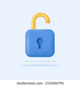 UnLock icon. Security, safety, encryption, privacy concept. 3d vector icon in cartoon minimal style