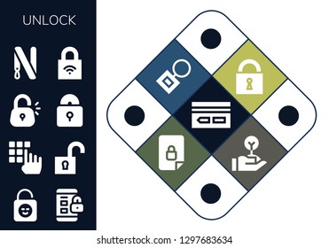  unlock icon set. 13 filled unlock icons. Simple modern icons about  - Key card, Lock, Padlock, Password, Unlock, Key ring, Key chain, Locked, Freedom