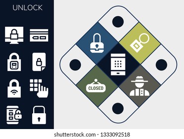 unlock icon set. 13 filled unlock icons.  Simple modern icons about  - Password, Padlock, Lock, Locked, Key card, Key chain, Closed, Detective