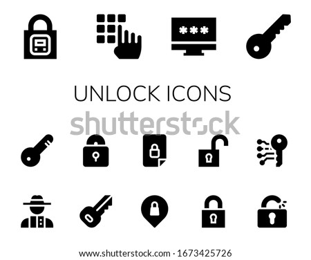 unlock icon set. 14 filled unlock icons. Included Lock, Password, Key, Detective, Door key, Padlock, Privacy, Locked, Unlock, Unlocked, Electronic key icons