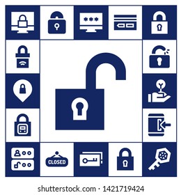 unlock icon set. 17 filled unlock icons.  Simple modern icons about  - Padlock, Privacy, Unlock, Lock, Unlocked, Freedom, Login, Access, Closed, Password, Key, Key card