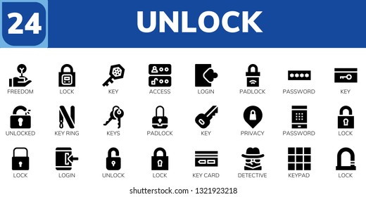 unlock icon set. 24 filled unlock icons.  Simple modern icons about  - Freedom, Lock, Key, Access, Login, Padlock, Password, Unlocked, Key ring, Keys, Privacy, Unlock, Key card