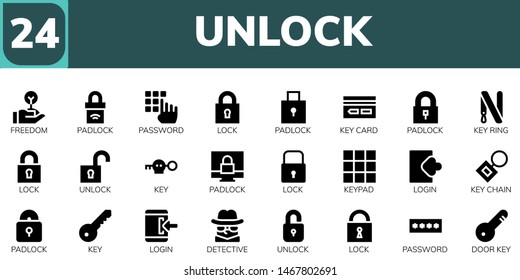 unlock icon set. 24 filled unlock icons.  Collection Of - Freedom, Padlock, Password, Lock, Key card, Key ring, Unlock, Key, Keypad, Login, chain, Detective, Door