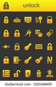 unlock icon set. 26 filled unlock icons.  Simple modern icons about  - Unlock, Lock, Closed, Password, Electronic key, Keys, Key chain, Key, Door card, Padlock, Login