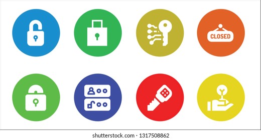 unlock icon set. 8 filled unlock icons.  Collection Of - Unlock, Padlock, Access, Electronic key, Key, Closed, Freedom