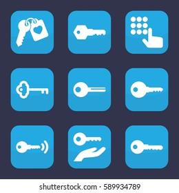 unlock icon. Set of 9 filled unlock icons such as key, heart key, key on hand