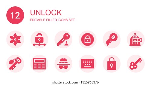 unlock icon set. Collection of 12 filled unlock icons included Shuriken, Lock, Key, Unlock, Keypad, Detective, Padlock, Freedom